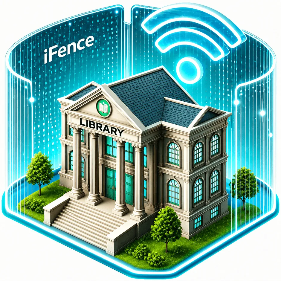 A library building inside a glowing iFence Wi-Fi perimeter