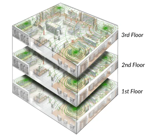 Three stacked library floors, each covered by its own Wi-Fi signals