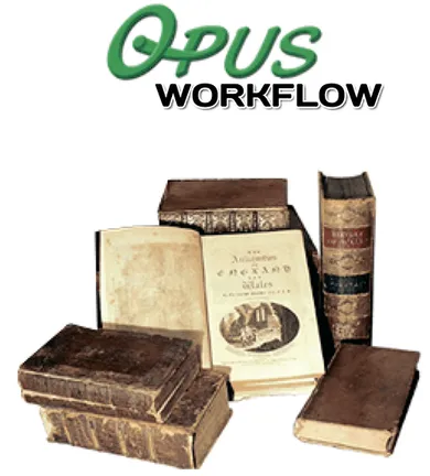 Opus WorkFlow, with a stack of antique leather-bound books