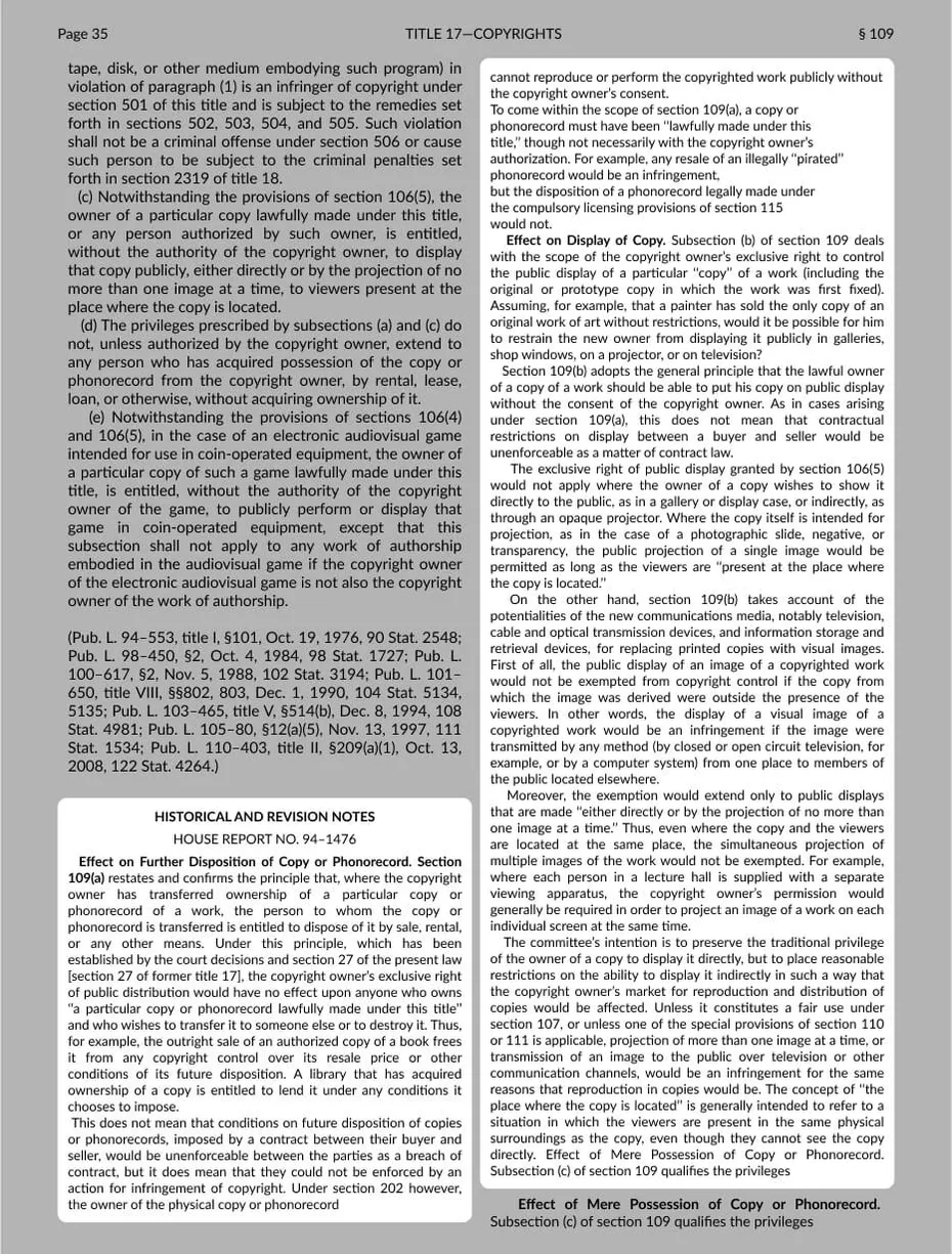 Page 35 of Title 17 of the US Code, showing section 109 and its historical and revision notes