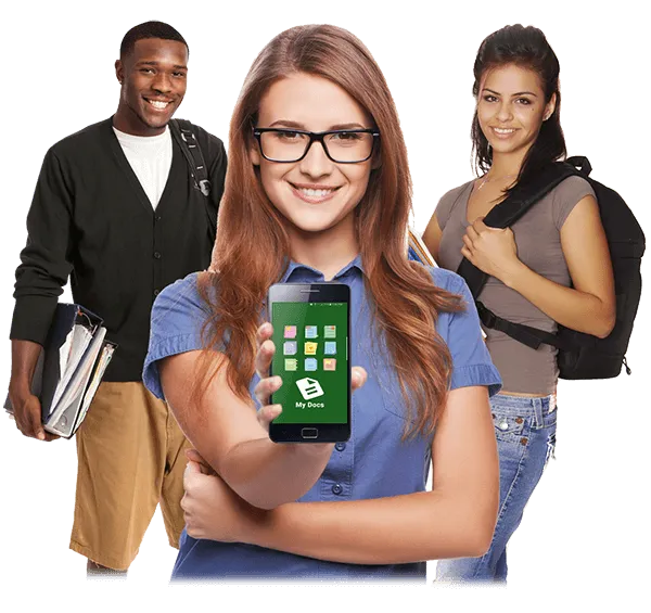 Students holding a phone running MyDocs